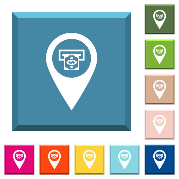 Pankki ATM GPS kartta sijainti valkoinen kuvakkeet särmikkäitä neliön painikkeita eri trendikkäitä värejä
 - Vektori, kuva