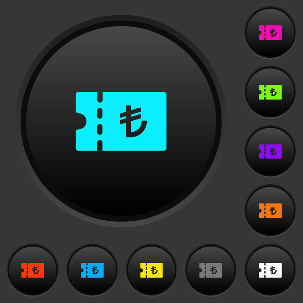 Turkish Lira discount coupon dark push buttons with vivid color icons on dark grey background - Vecteur, image