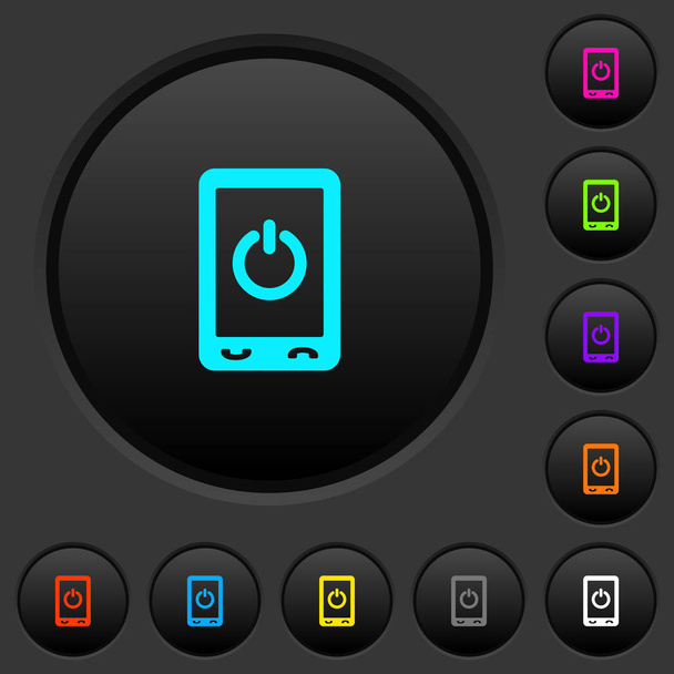 Mobiele stroom uit donkere drukknoppen met pictogrammen met levendige kleuren op donkere grijze achtergrond - Vector, afbeelding