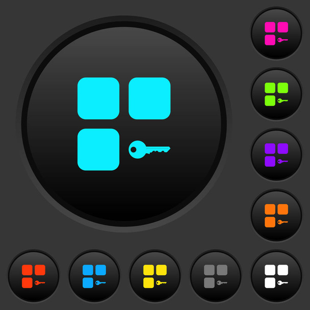 Zabezpečení komponent tmavě tlačítka s ikonami živé barvy na tmavě šedém pozadí - Vektor, obrázek
