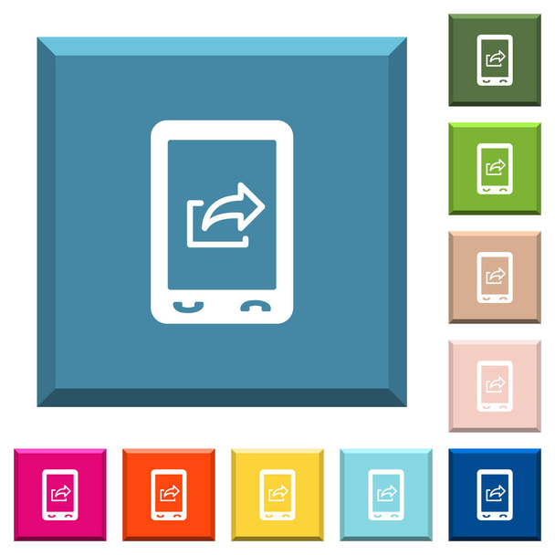 Iconos blancos de datos de exportación móvil en botones cuadrados con bordes en varios colores de moda
 - Vector, Imagen