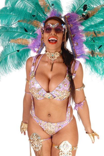 eine schöne junge Frau im Karnevalskostüm mit großer Feder auf der Brust - Foto, Bild
