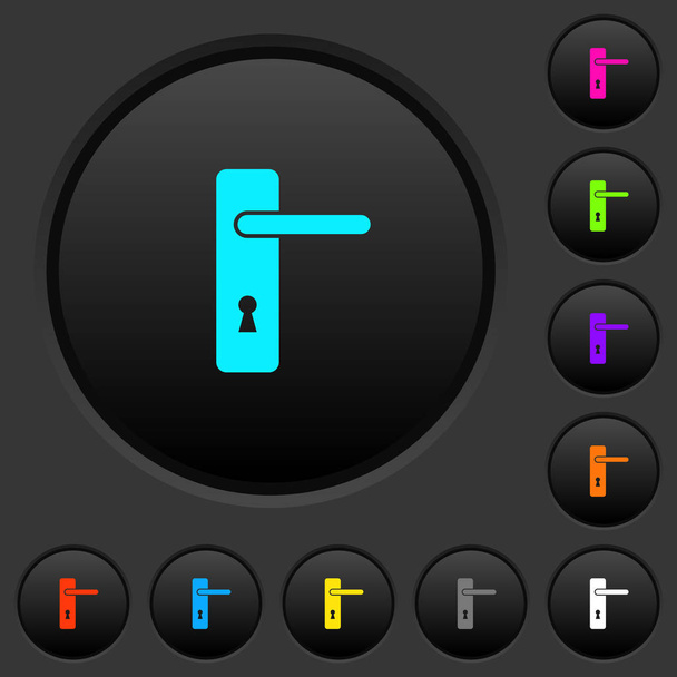 Mano derecha simple manija de la puerta botones oscuros con iconos de color vivo sobre fondo gris oscuro
 - Vector, Imagen