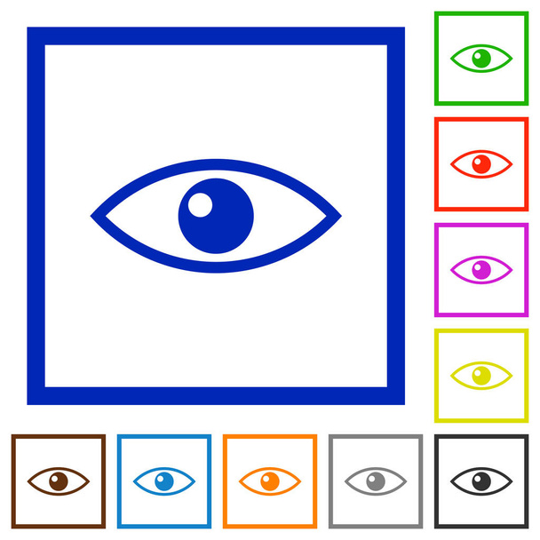 Egale kleur oogpictogrammen in vierkante frames op witte achtergrond - Vector, afbeelding