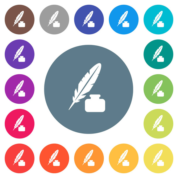 Feather and ink bottle flat white icons on round color backgrounds. 17 background color variations are included. - Vector, Image