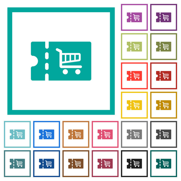 Cesta cupón de descuento iconos de color plano con marcos de cuadrante sobre fondo blanco
 - Vector, Imagen