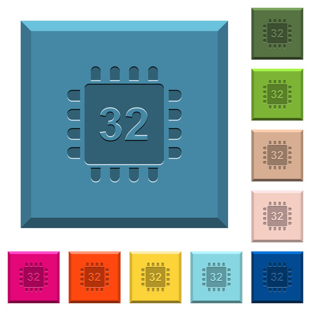 32-битная архитектура микропроцессора выгравированные иконки на краях квадратных кнопок в различных модных цветах
 - Вектор,изображение