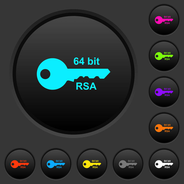 64 bit rsa encryption dark push buttons with vivid color icons on dark grey background - Vector, Image