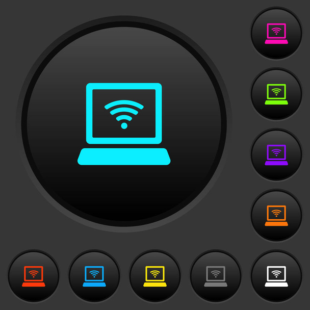 Computer portatile con simbolo wireless pulsanti scuri con icone a colori vivaci su sfondo grigio scuro
 - Vettoriali, immagini