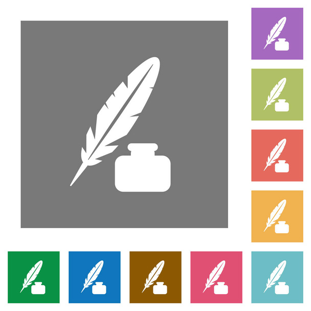 Плоские иконки с перьями и чернилами на простых цветовых квадратных фонах
 - Вектор,изображение