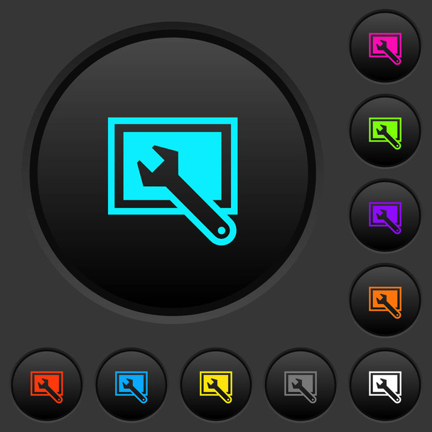 Bildschirmeinstellungen Dunkle Tasten mit lebendigen Farbsymbolen auf dunkelgrauem Hintergrund - Vektor, Bild
