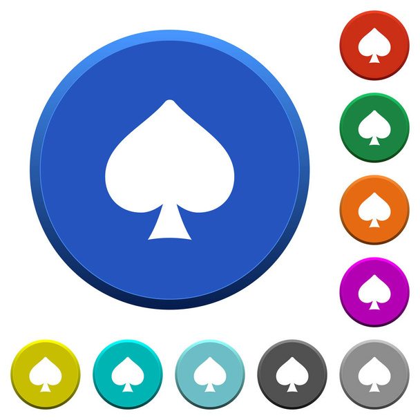 Spades card symbol round color beveled buttons with smooth surfaces and flat white icons - Vector, Image