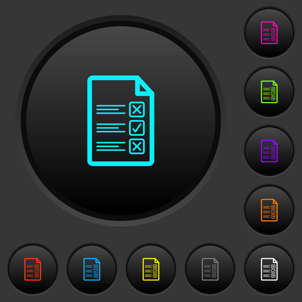 Questionnaire document boutons poussoirs foncés avec des icônes de couleur vives sur fond gris foncé
 - Vecteur, image