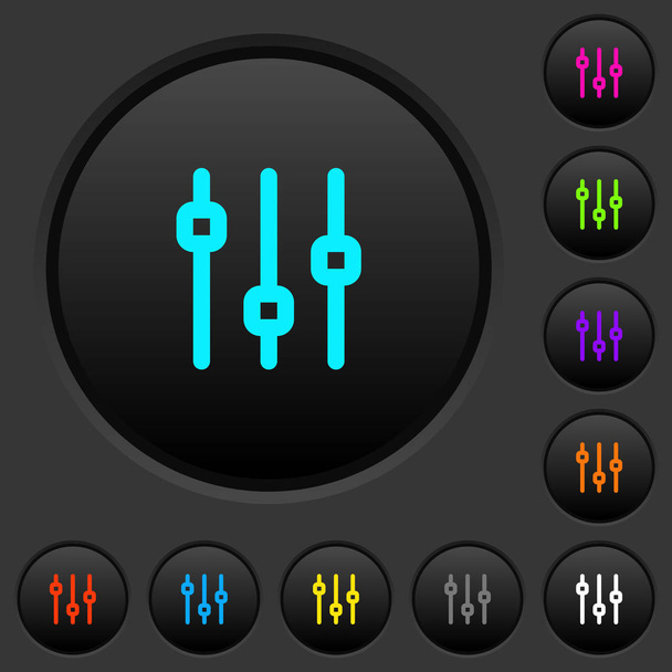 vertikale Einstellung dunkle Tasten mit lebendigen Farbsymbolen auf dunkelgrauem Hintergrund - Vektor, Bild
