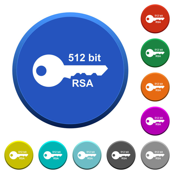 512 bit rsa encryptie ronde kleur afgeschuinde knoppen met gladde oppervlakken en platte witte pictogrammen - Vector, afbeelding