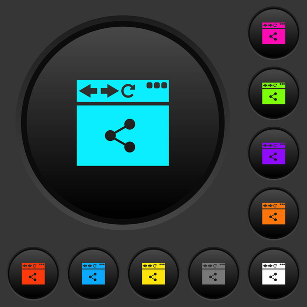 Browser share dark push buttons with vivid color icons on dark grey background - Διάνυσμα, εικόνα
