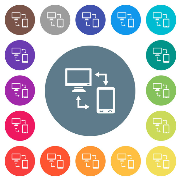 Syncronize mobile with computer flat white icons on round color backgrounds. 17 background color variations are included. - ベクター画像
