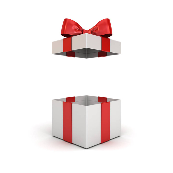 Caixa de presente aberta ou caixa de presente com fita vermelha arco isolado no fundo branco com sombra 3D renderização
 - Foto, Imagem