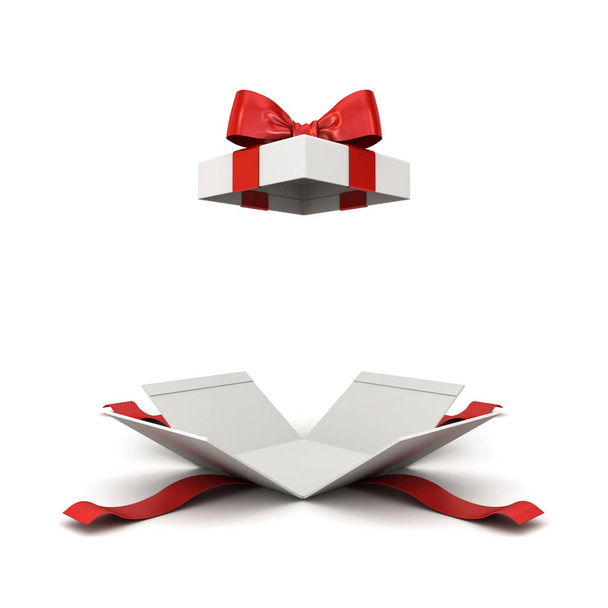 offene Geschenkschachtel oder Geschenkschachtel mit roter Schleife isoliert auf weißem Hintergrund mit Schatten 3D-Rendering - Foto, Bild