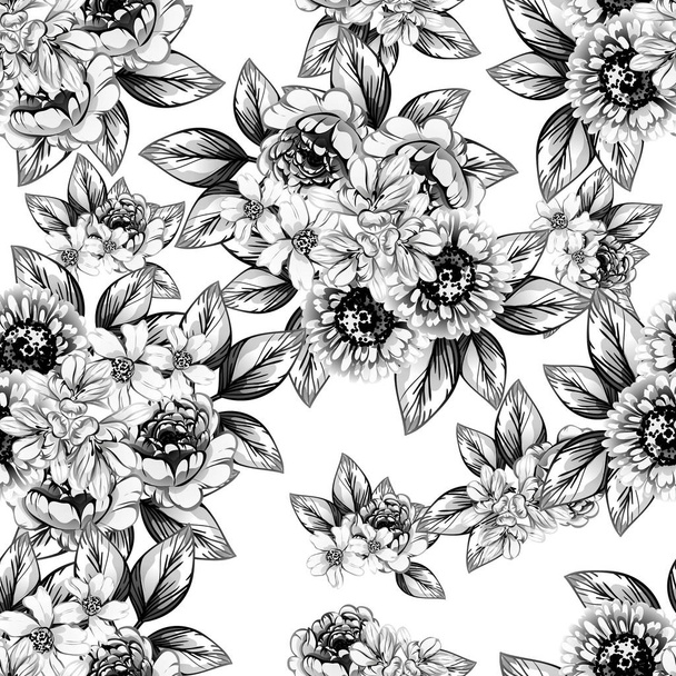 Patrón de flores de estilo vintage sin costuras. Elementos florales en blanco y negro
. - Vector, Imagen