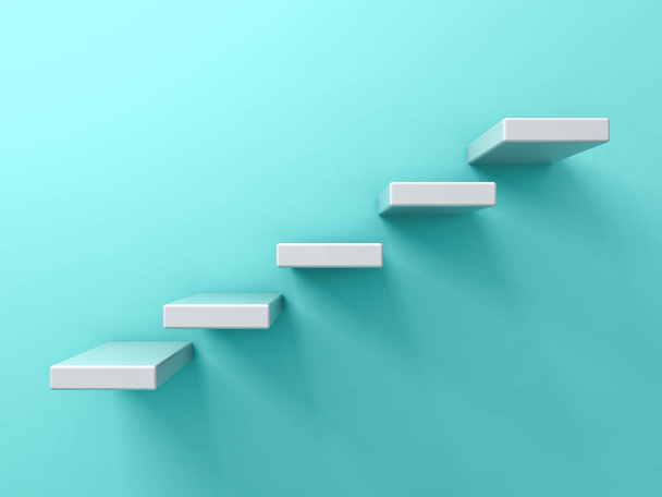 abstrakte weiße Treppen oder fünf Schritte Business-Konzept auf blaugrüner Pastellfarbe Wandhintergrund mit Schatten 3D-Rendering - Foto, Bild