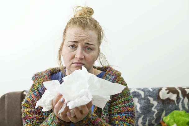 Sick woman. Sneezing into tissue. Headache. Virus .Medicines - Foto, immagini