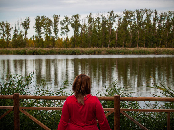 Młoda kobieta w punktu widzenia z drewnianą balustradę, kontemplując rzeka jesienią - Zdjęcie, obraz