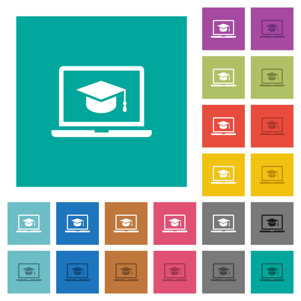 Webinar on laptop multi colored flat icons on plain square backgrounds. Included white and darker icon variations for hover or active effects. - Vector, Image