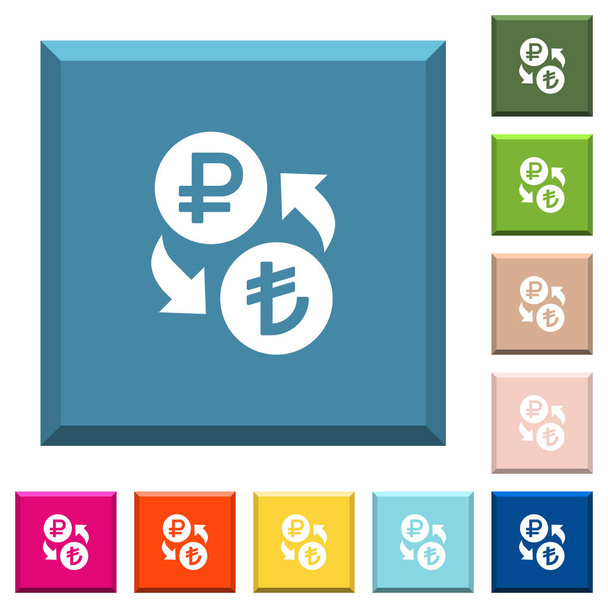 Rublo Lira cambio de dinero iconos blancos en botones cuadrados con bordes en varios colores de moda
 - Vector, Imagen