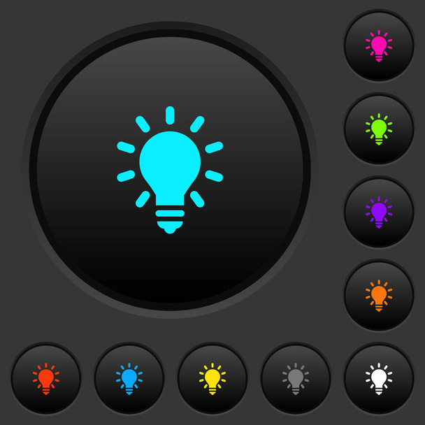 Lighting bulb dark push buttons with vivid color icons on dark grey background - Vector, Image