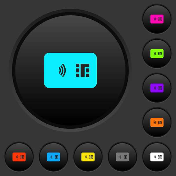 NFC chip kaart donkere drukknoppen met pictogrammen met levendige kleuren op donkere grijze achtergrond - Vector, afbeelding