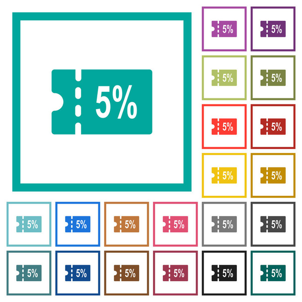5 percent discount coupon flat color icons with quadrant frames on white background - Vector, Image