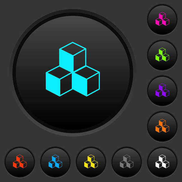 Kostki ciemne przyciski z ikonami żywy kolor na ciemny szary tło - Wektor, obraz