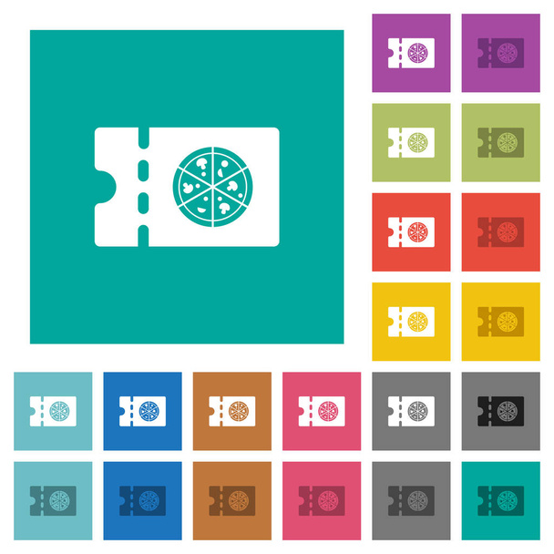 Pizzéria kedvezmény kupon multi színes lapos ikonok sima tér háttérrel. Tartalmazza a fehér és a sötétebb ikon variációk hover és aktív hatásokat. - Vektor, kép