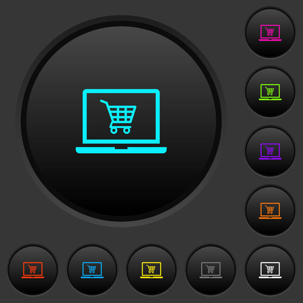 Webshop sötét nyomógomb, élénk színű ikonok sötét szürke háttér - Vektor, kép