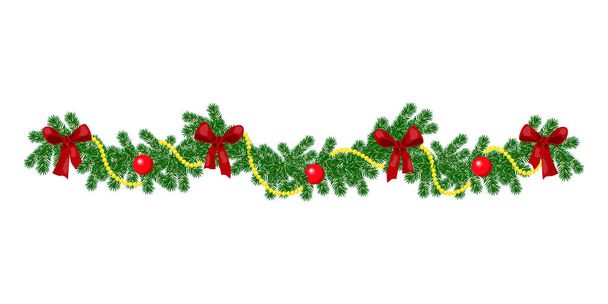 Рождественская граница с висящей гирляндой из еловых ветвей, красных и серебряных безделушек, сосновых шишек и других украшений, изолированных на белой елке украшения Рождественский шар
 - Вектор,изображение
