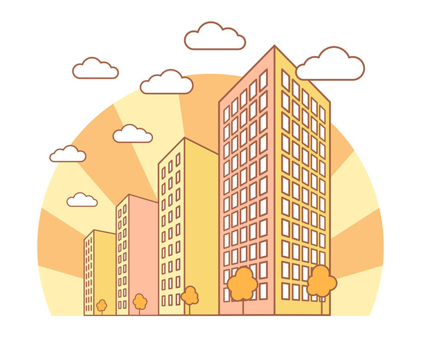 Vue de la ville d'automne avec bâtiments élevés, nuages, orangers, paysage d'automne avec des blocs de rue, maisons résidentielles et résidentielles modernes, style linéaire, concept vectoriel
 - Vecteur, image