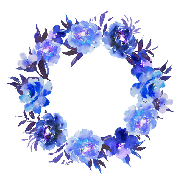 Watercolor wreath with flowers and leaves in circle. Blue floral - Vecteur, image