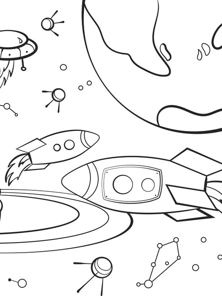 Transportraum, Rakete am Himmel. Wolken und Astronautenraster. Cartoon Kinder Färbung, schwarz und weiß - Foto, Bild