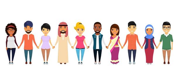 Een groep mensen van verschillende nationaliteiten zijn hand in hand met elkaar. Aziatisch, Latijns-Amerikaanse, Afrikaanse, Europese, Indiase, Arab. In vlakke stijl op witte achtergrond. Cartoon - Vector, afbeelding