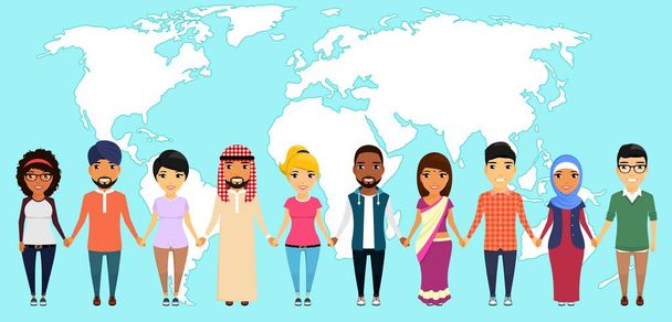 junge Menschen unterschiedlicher Nationalitäten auf der Weltkarte. Händchen haltend. asiatisch, lateinamerikanisch, afrikanisch, europäisch, indisch, arabisch. flachen Stil. Karikatur - Vektor, Bild