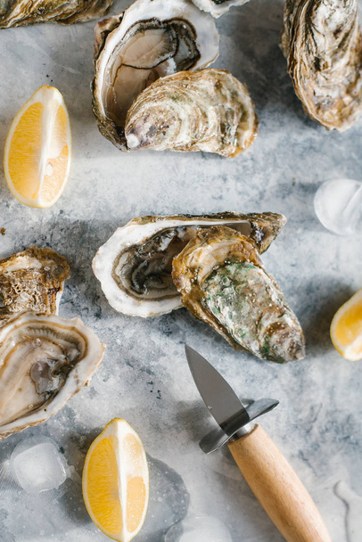 top view of fresh oysters, ice cubes and lemon pieces on textured tabletop - Фото, изображение