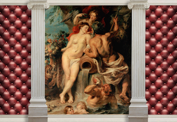 3d papel de parede, efeito de couro acolchoado e colunas, pintura A União da Terra e Água Peter Rubens, 1618
 - Foto, Imagem