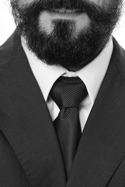 Perfect to the last detail. Classic suit with white shirt collar and elegant tie. Bearded businessman style close up. Stylish details of business man appearance. Business style dress code - Fotó, kép