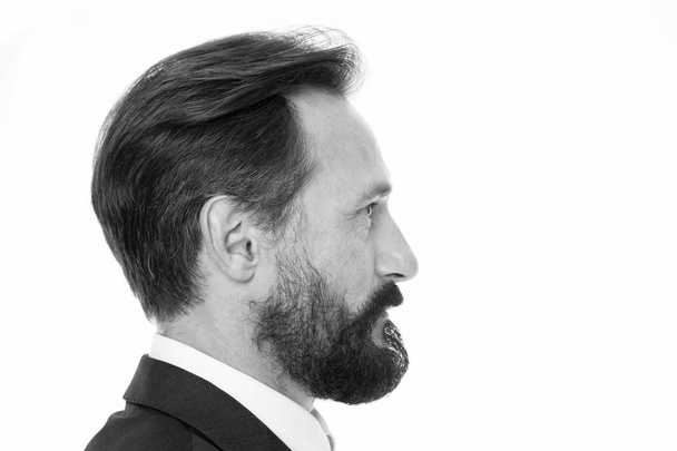 Perfect style. Business man well groomed mature guy side view white background. Business people hairstyle. Businessman hair and groomed beard. Beard makes your appearance more stylish and modern - Фото, зображення