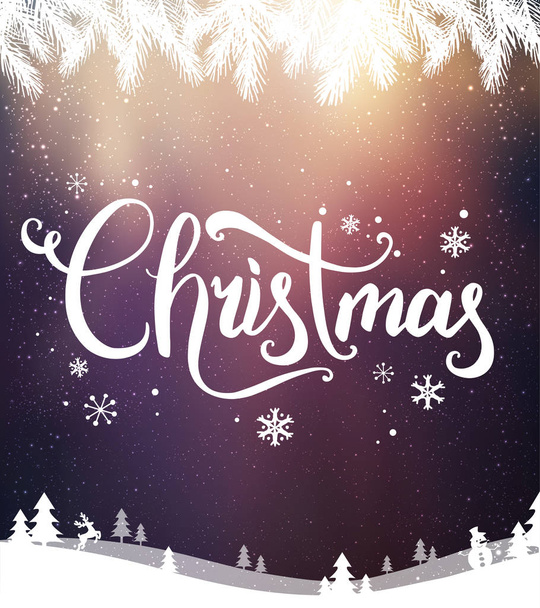 Weihnachten und Neujahr typographisch auf Hintergrund mit Winterlandschaft mit Schneeflocken, Licht, Sternen. Weihnachtskarte. Vektorillustration - Vektor, Bild