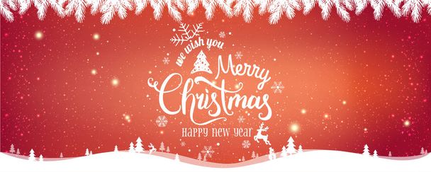Kerstmis en Nieuwjaar typografische op rode Xmas achtergrond met winterlandschap met sneeuwvlokken, licht, sterren. Merry Christmas card. Vectorillustratie - Vector, afbeelding