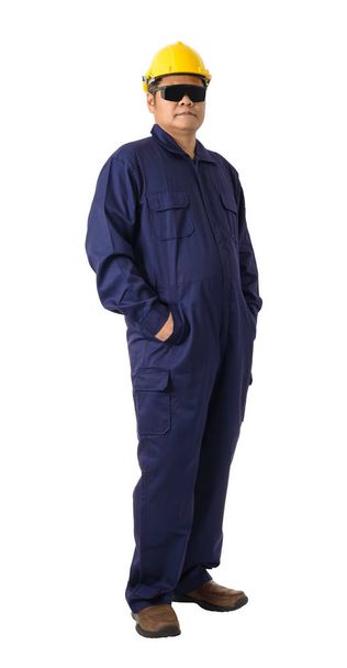 Full body portrait of a worker in Mechanic Jumpsuit with helmet and Safety goggles isolated on white background clipping path - Φωτογραφία, εικόνα