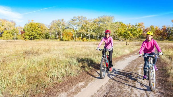 自転車での家族秋のサイクリング屋外、自転車でのアクティブな母親と子供、秋の公園で子供と一緒に幸せな家族の空中ビュー、スポーツとフィットネスの概念 - 写真・画像