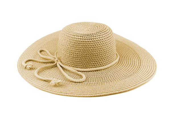 Κομψή γυναίκα καπέλο ή Καπέλο αχύρου μεγάλο καλοκαιρινό που απομονώνονται σε λευκό φόντο. - Φωτογραφία, εικόνα